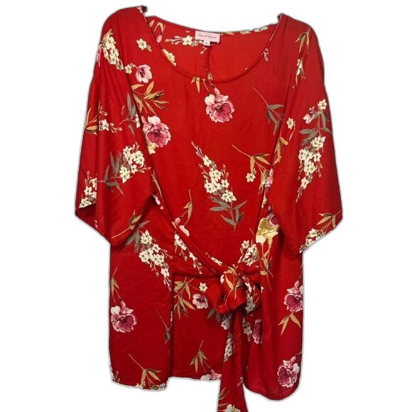 Molly & Isadora tie front waist blouse 2X RED FLORAL - Picture 2 of 7